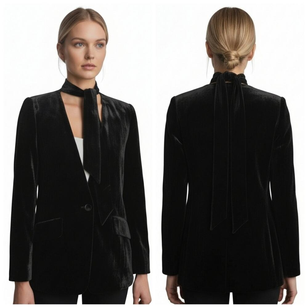 FRAME Denim Velvet Tie Jacket Black Silk Blend Blazer Size 8 EUC $660   F321